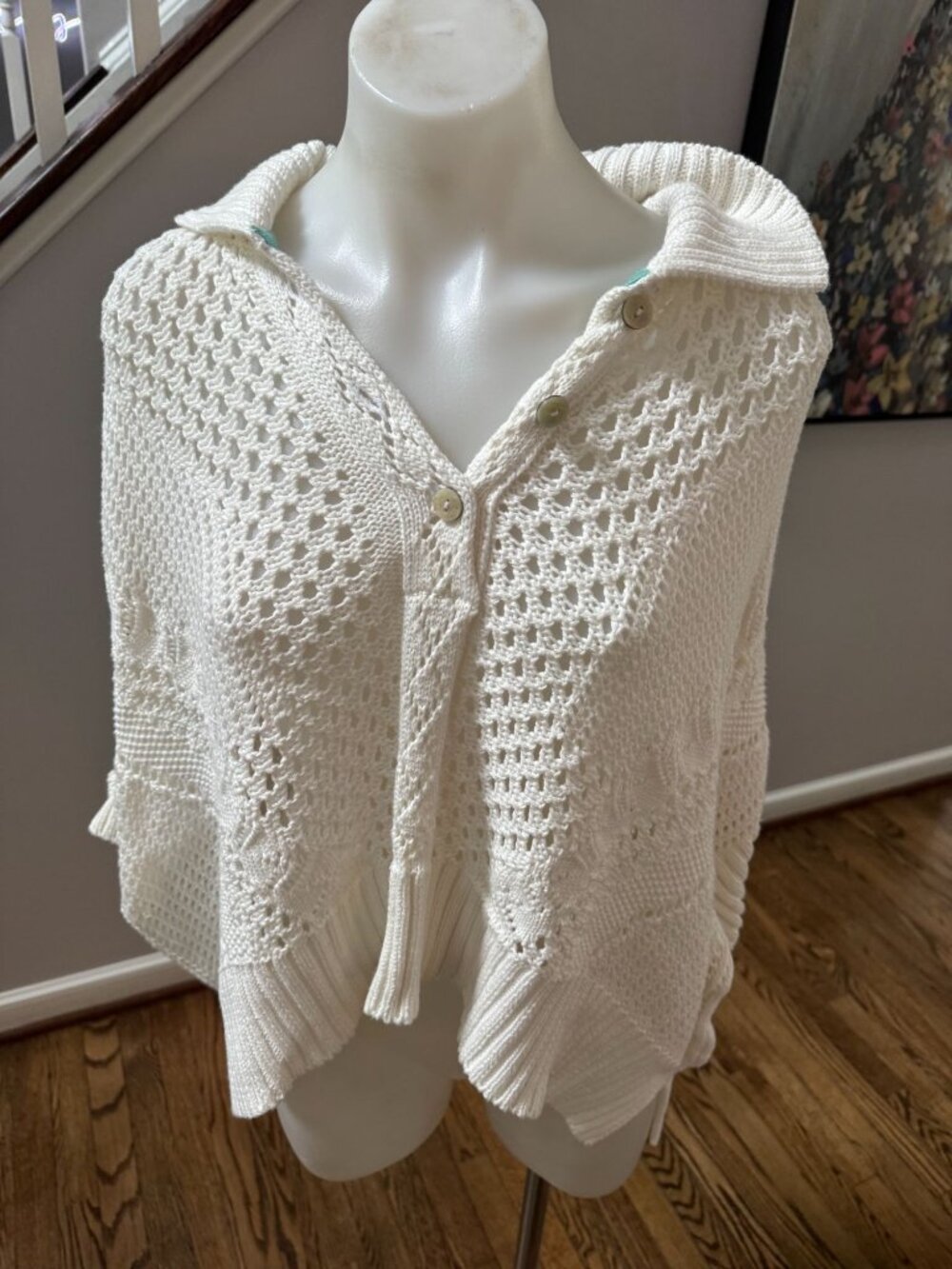 Free People The Point Open Stitch Polo Sweater White 100% Cotton Size Medium - Picture 3 of 4